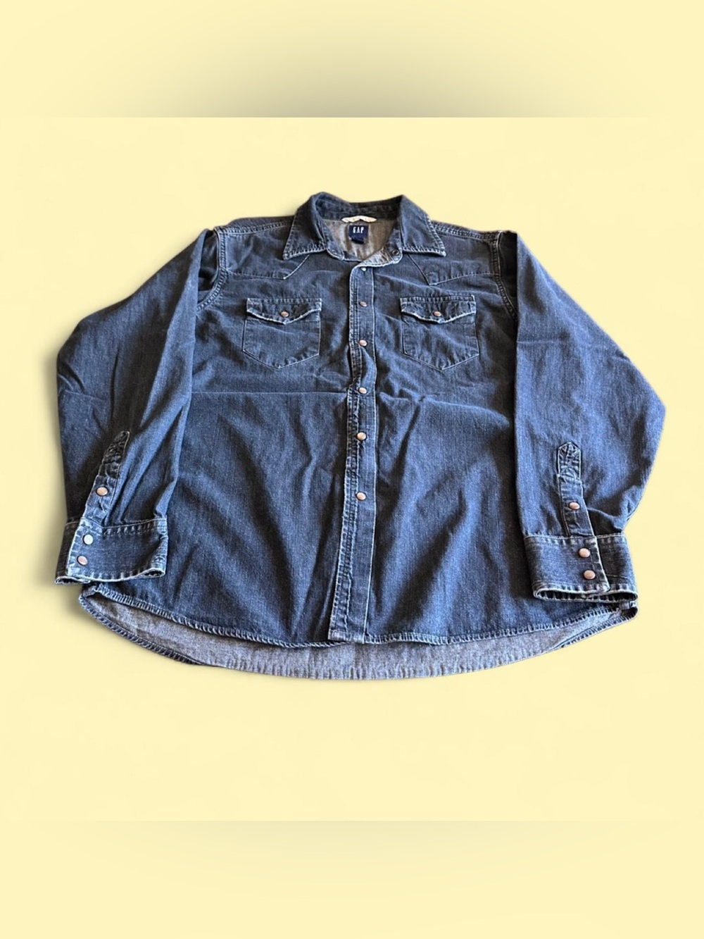 Vintage GAP Pearl Snap Denim Western Shirt Men’s L Dark Blue Wash - Picture 2 of 6